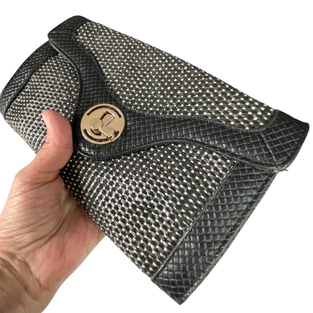 Urban Expressions Woven Vegan Black Leather and Straw Crossbody Wristlet Clutch